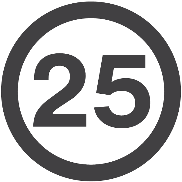 A bold black number 25 is centered inside a thick black circle on a white background, resembling a speed limit or milestone sign.