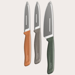 The Zyliss 3 Piece Knife Set includes chef and paring knives with green, gray, and orange handles, each with a protective sheath, displayed side by side on a light background for a vibrant kitchen look.