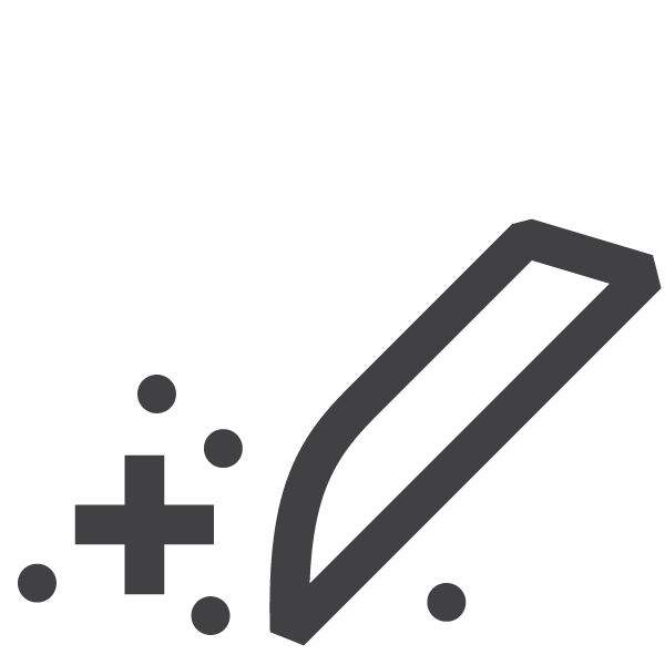 A simple black and white icon of a pencil drawing a plus sign with small dots around it, representing the concept of adding or creating something new.