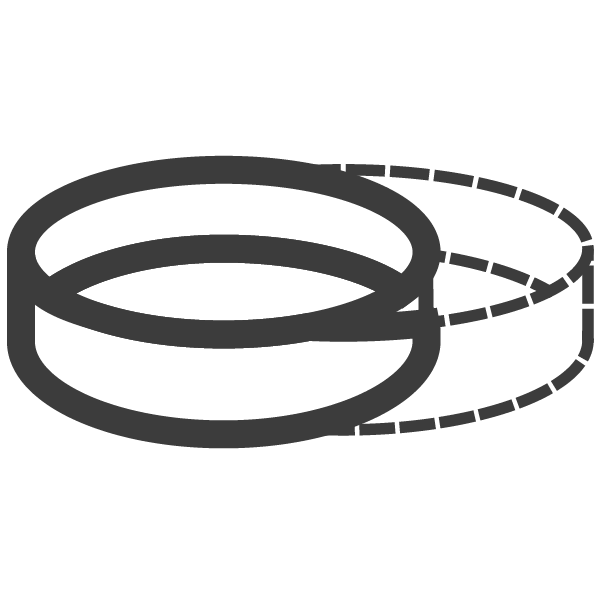 A solid black circle overlaps with a dashed black circle, both viewed at an angle to show a 3D ring or cylindrical shape.