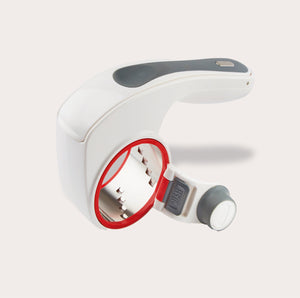 The Zyliss All Cheese Grater features stainless steel blades, interchangeable drums, a white handheld design, black grip, red drum rim, and gray push button for easy grating. 