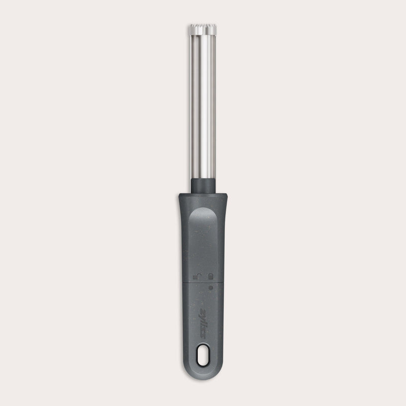 The Zyliss Apple Corer is a sleek stainless steel tool with an eco-friendly handle, a serrated circular blade for easy coring, and a hanging hole for convenient storage.
