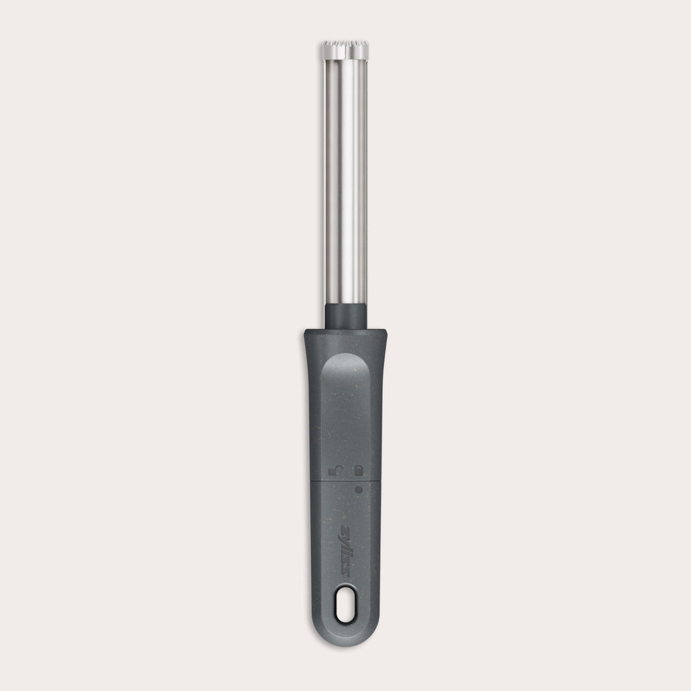 The Zyliss Apple Corer is a sleek stainless steel tool with an eco-friendly handle, a serrated circular blade for easy coring, and a hanging hole for convenient storage. 