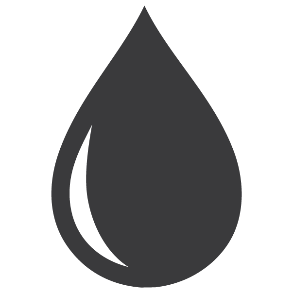 A simple, solid black water droplet icon with a curved highlight on the left side, set against a transparent background.