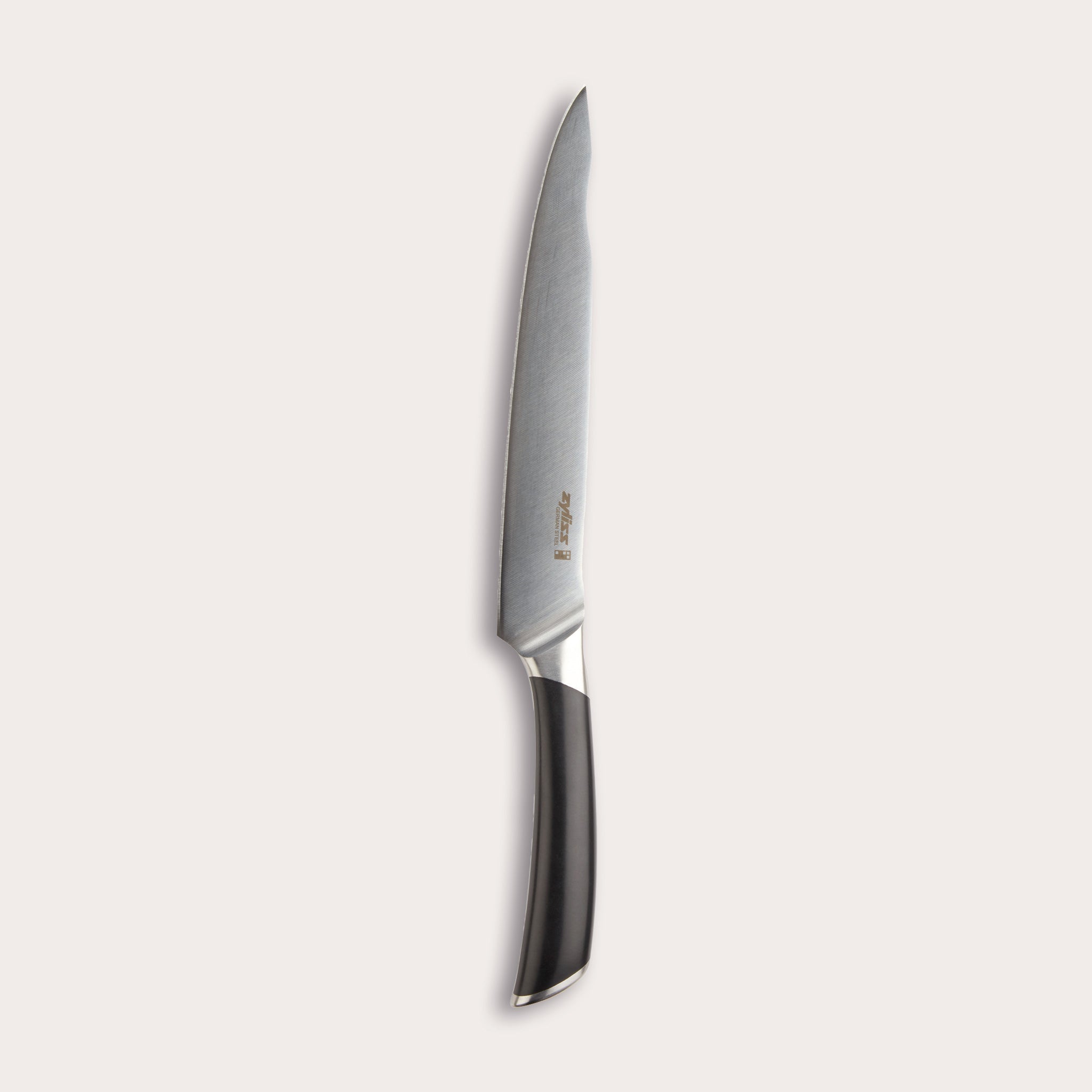 The Zyliss Comfort Pro Carving Knife 20cm (8) features German stainless steel and an ergonomic black handle, shown vertically against a plain, light-colored background.