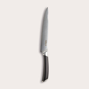 The Zyliss Comfort Pro Carving Knife 20cm (8) features German stainless steel and an ergonomic black handle, shown vertically against a plain, light-colored background. 