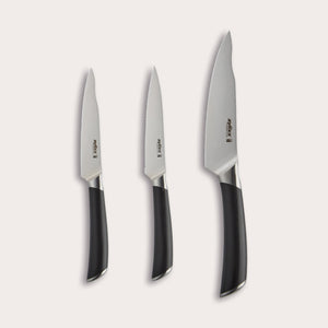 The Zyliss Comfort Pro 3 Piece Paring Knife & Utility Knife Set includes three kitchen knives with ergonomic black handles and German stainless steel blades: a paring knife, a serrated utility knife, and a chef’s knife. 