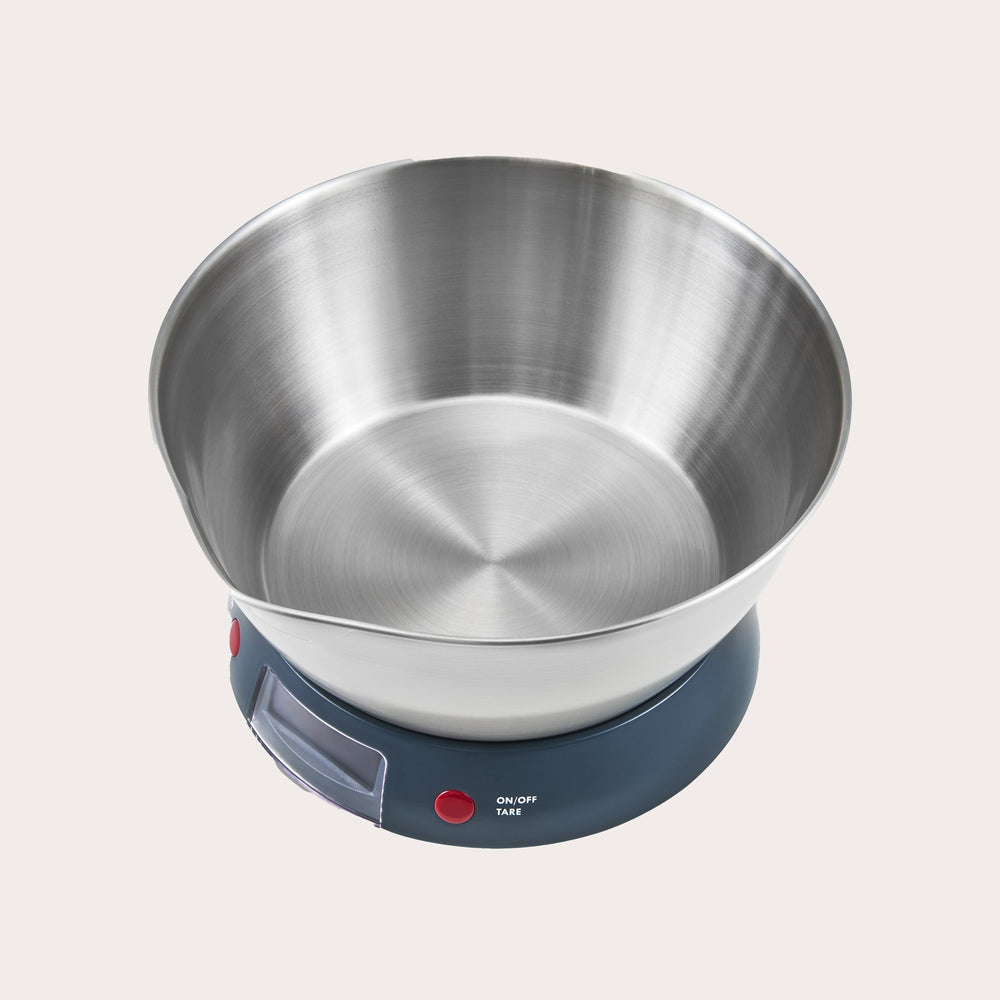 The Zyliss Digital Kitchen Scales offer a high-precision sensor, easy-read display, stainless steel bowl, red power button, and tare function for accurate measurements. 