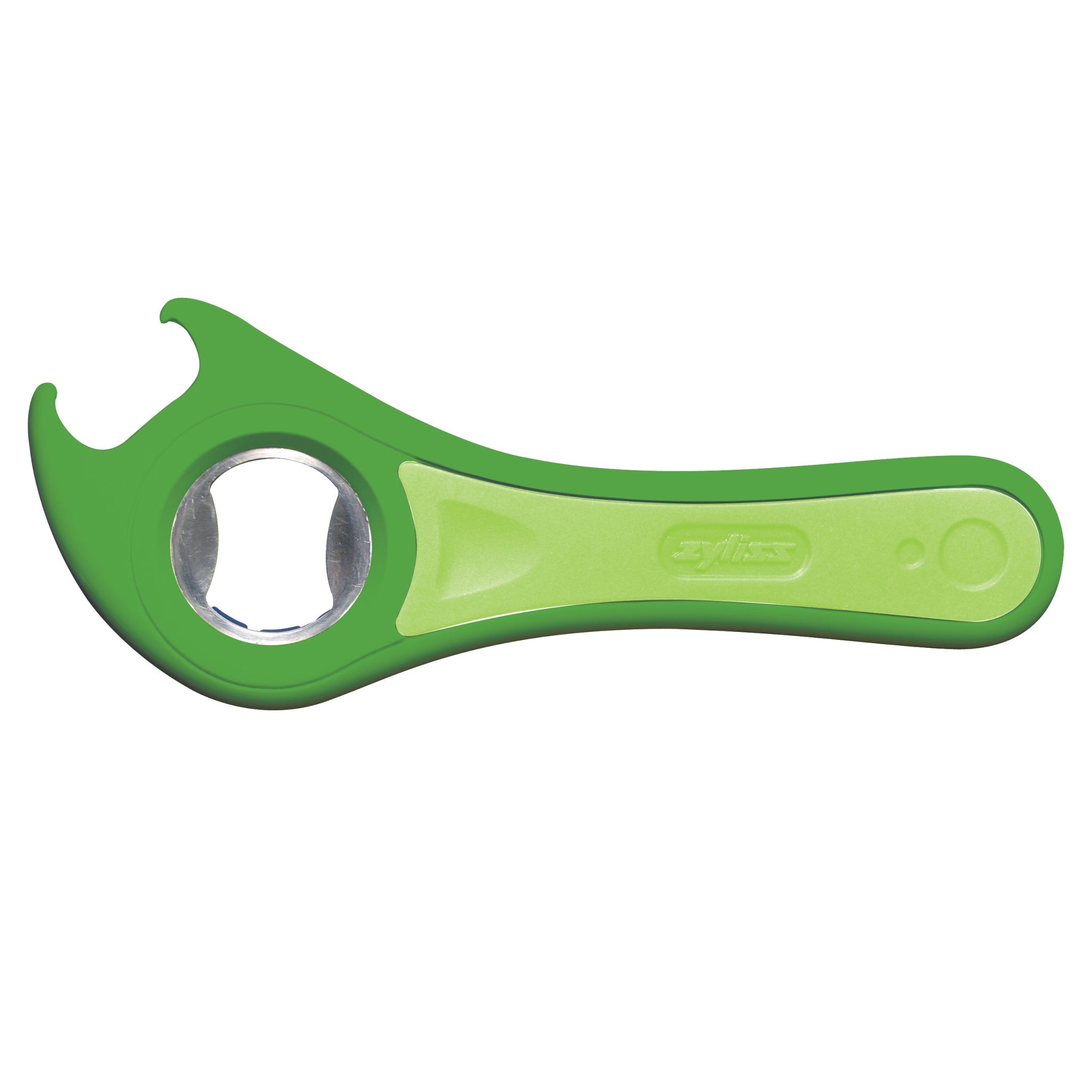 A green and light green bottle opener with a metal opening and a hook-shaped end, featuring the brand name sys embossed on the handle.