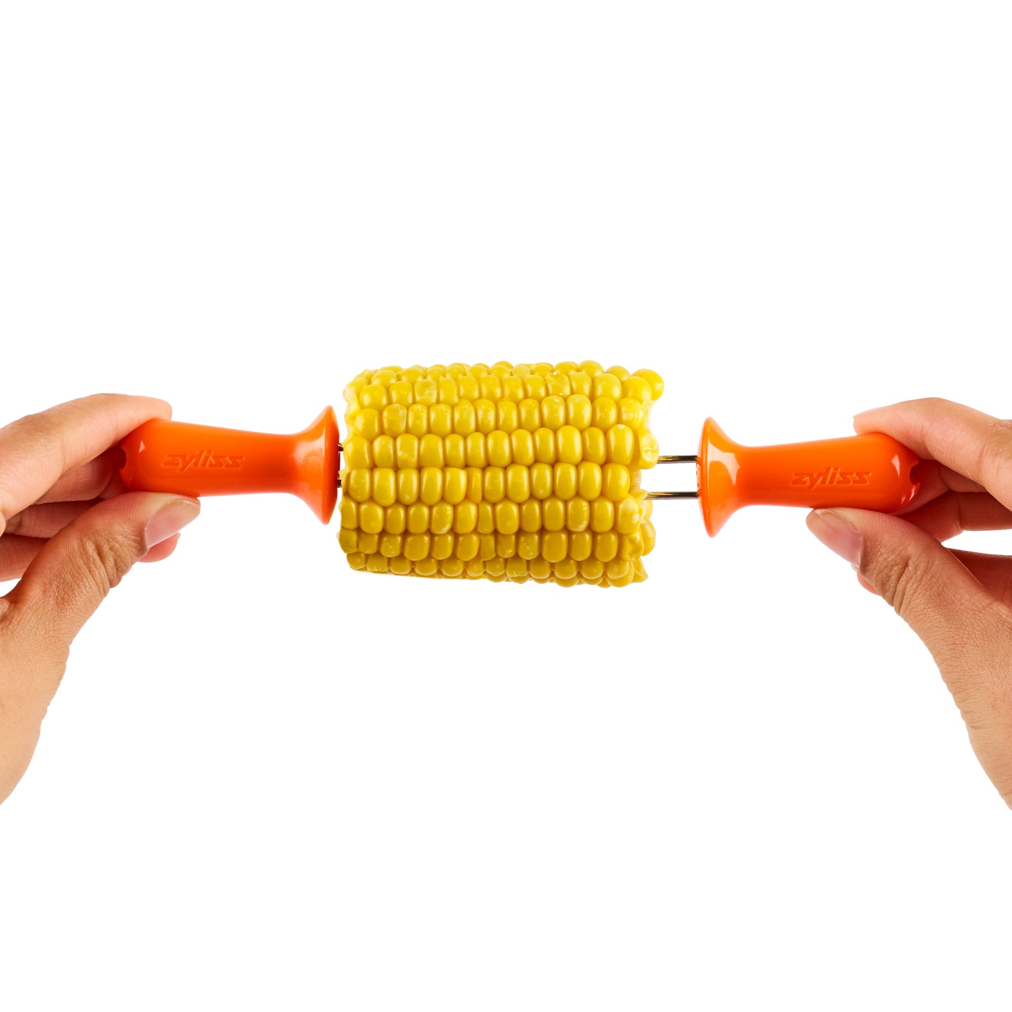 Two hands holding a piece of corn on the cob with orange corn holders inserted into each end, isolated on a white background.