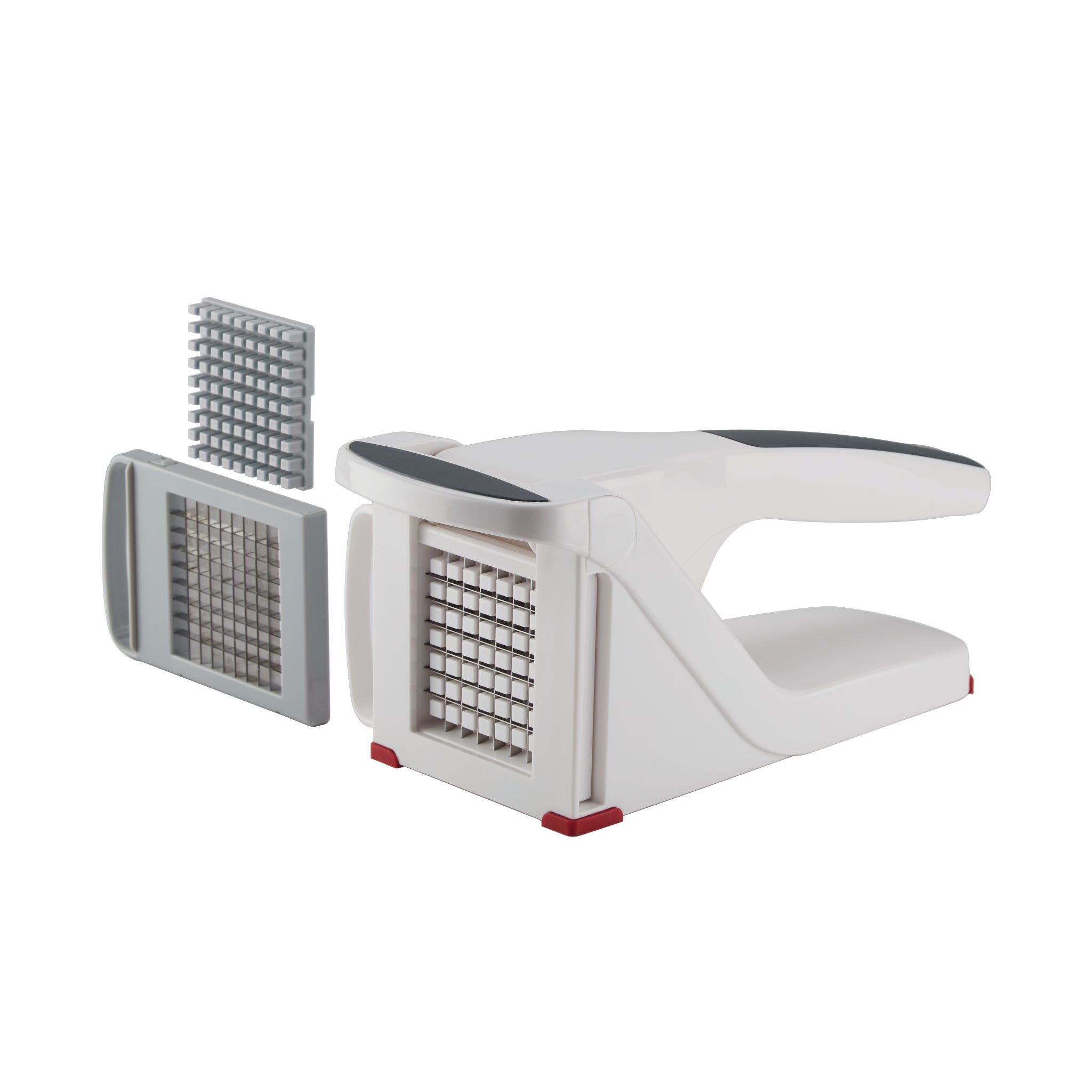 A white and gray handheld french fry cutter with a removable blade insert and an additional interchangeable grid blade attachment beside it.