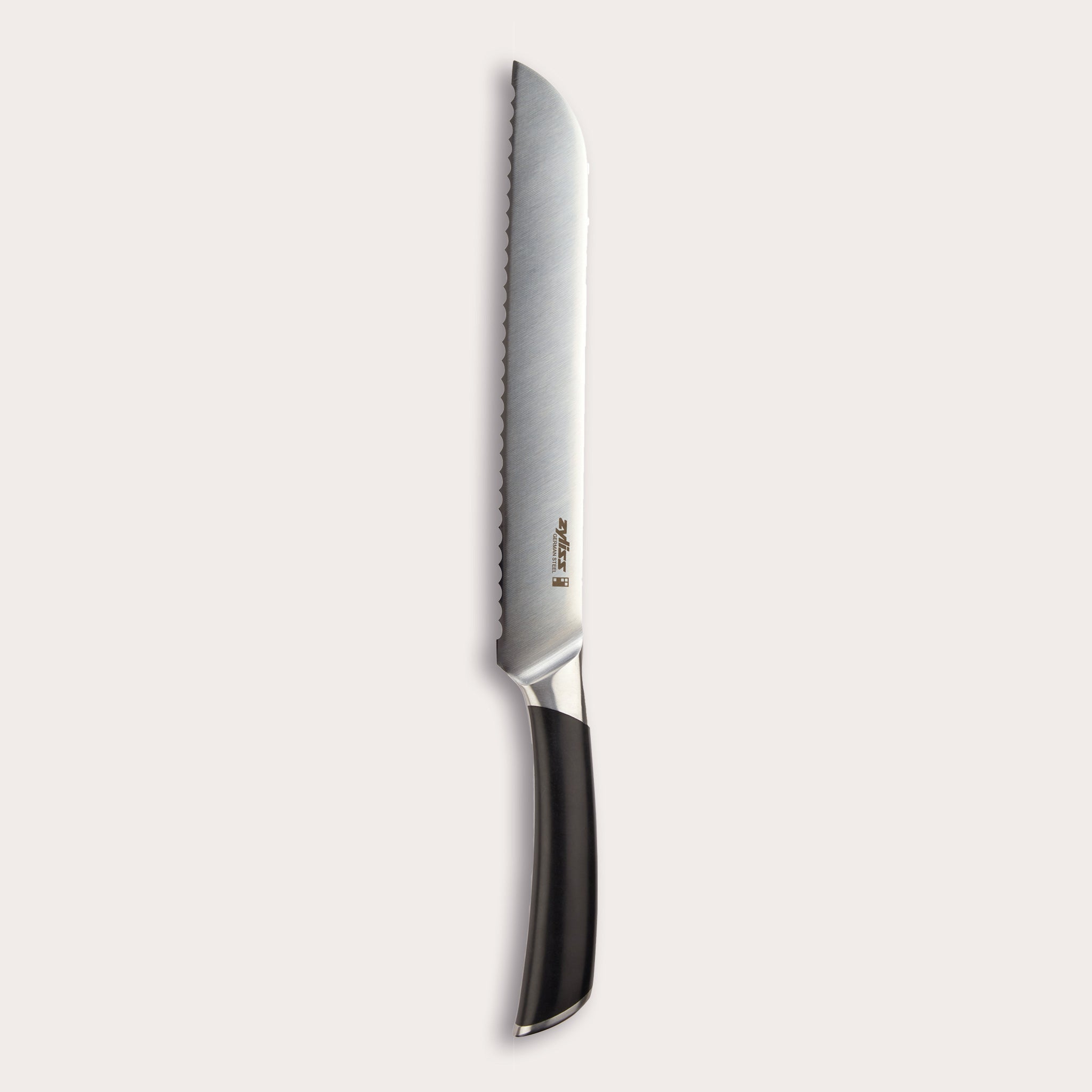 The Zyliss Comfort Pro Bread Knife 20cm/8 features a serrated German stainless steel blade and ergonomic black handle, displayed vertically on a plain light background.