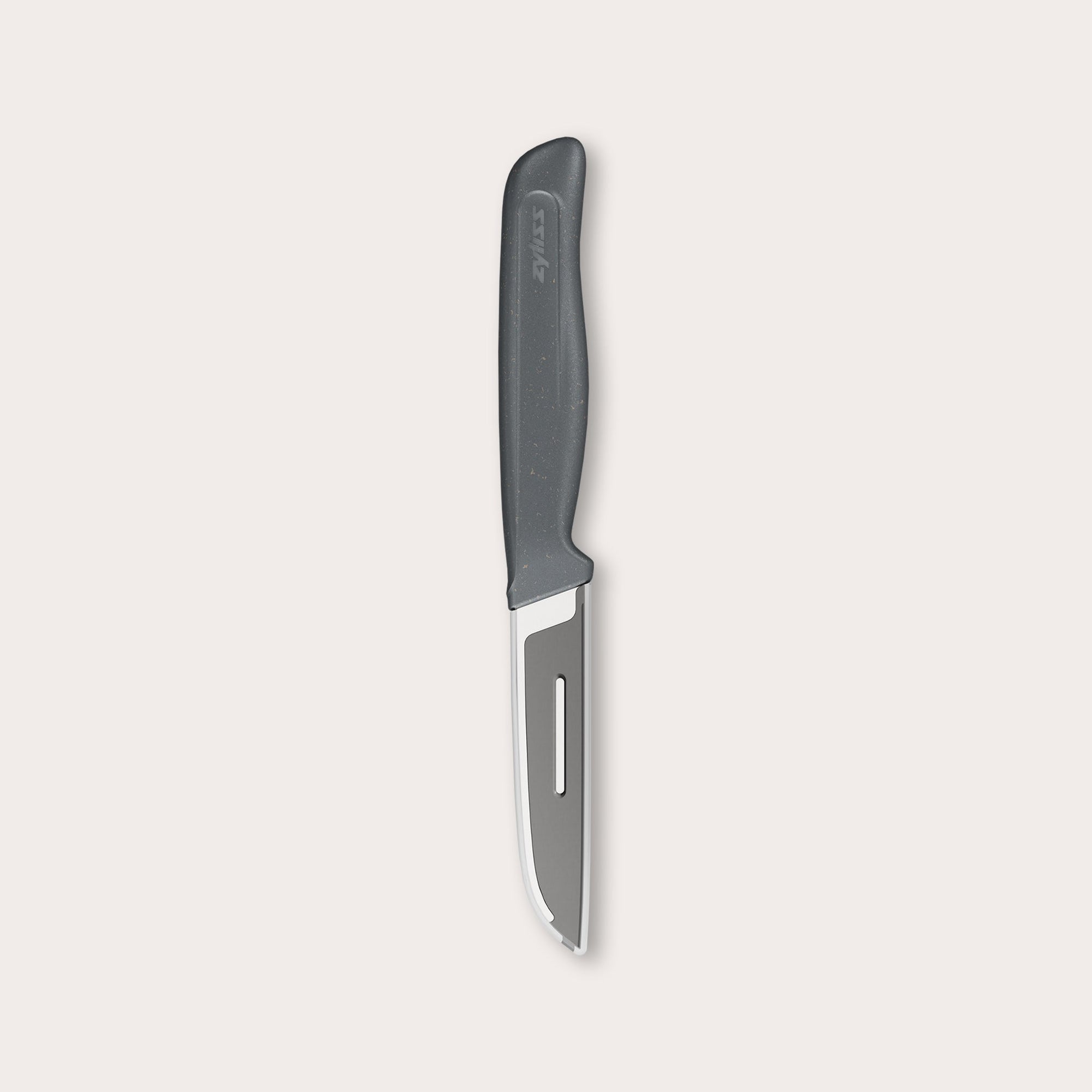 A vegetable knife with a black handle and a short silver blade featuring a slot near the tip, displayed against a plain light background.