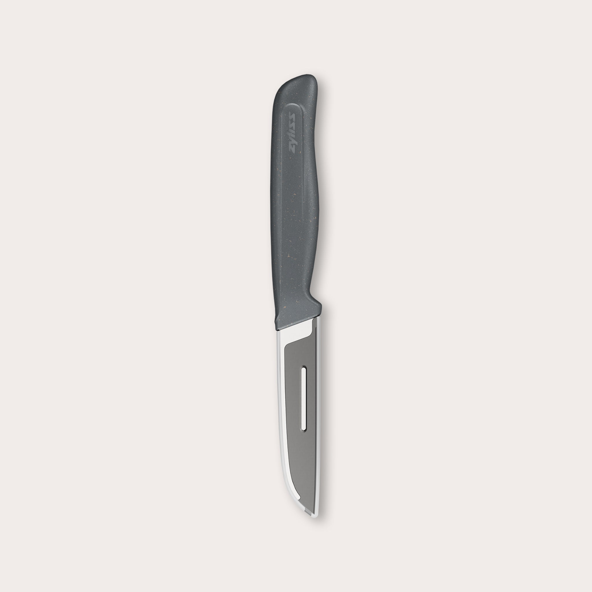 A vegetable knife with a black handle and a short silver blade featuring a slot near the tip, displayed against a plain light background.