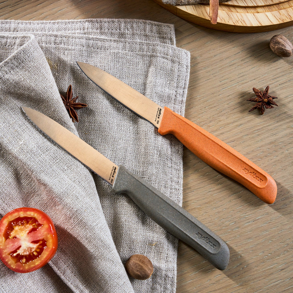 The Zyliss 2 Piece Knife Set features a serrated paring knife with a gray handle and a precision peeling knife with an orange handle, displayed side by side on a light background.