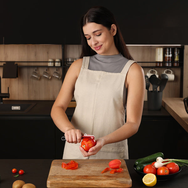 A woman in a beige apron uses the Zyliss Soft Skin Peeler with a stainless steel blade to peel a tomato in a modern kitchen. In front of her, a cutting board holds tomatoes, cucumbers, and lemon on the countertop. 
