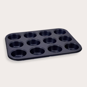 A Zyliss Durable Non-Stick 12 Hole Muffin Pan in black is displayed on a plain light background.