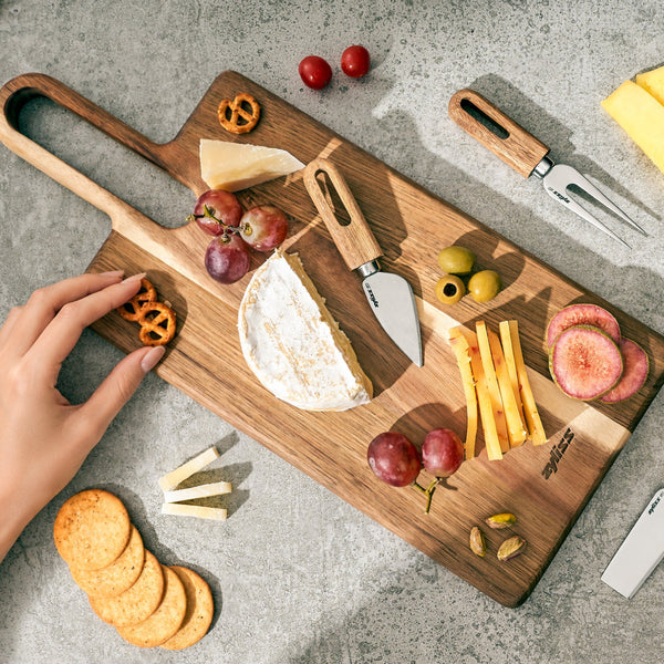 Zyliss 2 Piece Serving Board Acacia Wood Set — in use