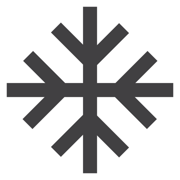 A simple black snowflake icon with six straight lines radiating from the center, each line intersected by a shorter line near its end, forming a symmetrical, geometric design on a white background.