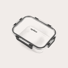 #1.05L/1.1qt 
A rectangular clear Zyliss Glass Container for meal prep features a transparent lid with four black locking clips, Zyliss printed in black on the lid, all shown against a plain light background. 