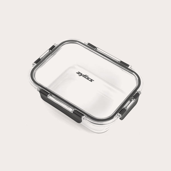 #1.05L/1.1qt 
A rectangular clear Zyliss Glass Container for meal prep features a transparent lid with four black locking clips, Zyliss printed in black on the lid, all shown against a plain light background. 