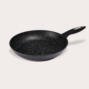 The Zyliss Ultimate Non-Stick Frying Pan features a black, scratch-resistant surface with a speckled white pattern and a black handle, shown on a plain light background. #28cm/11"