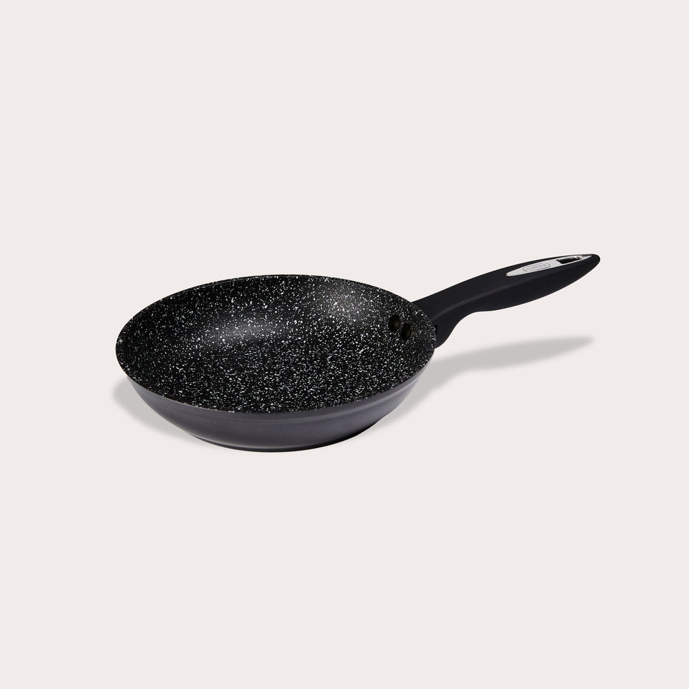 The Zyliss Ultimate Non-Stick Frying Pan features a black speckled Swiss non-stick interior and a long handle, shown on a plain light background. #20cm/8"