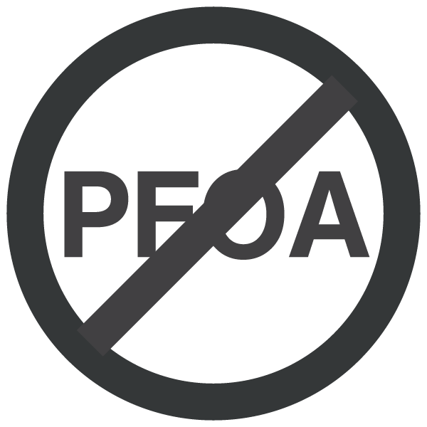 A bold black circle with a diagonal line crossing through the word PEOA, indicating prohibition or restriction.