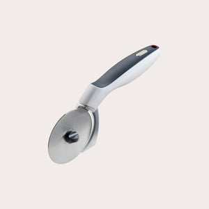 The Zyliss Sharp Edge Pizza Cutter Wheel, featuring a stainless steel blade and black ergonomic handle for comfortable slicing, is displayed against a plain white background. 