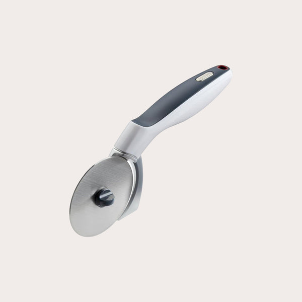 The Zyliss Sharp Edge Pizza Cutter Wheel, featuring a stainless steel blade and black ergonomic handle for comfortable slicing, is displayed against a plain white background. 