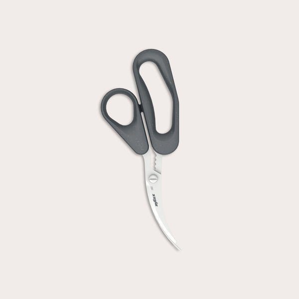 Zyliss Seafood Scissors with black ergonomic handles and a curved, partially serrated stainless steel blade are displayed against a light beige background, designed specifically for shellfish preparation.