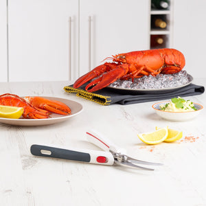 A whole cooked lobster sits on ice next to a plate of lobster meat, lemon wedges, butter, and Zyliss Shellfish Shears with stainless steel blades on a white kitchen counter. 