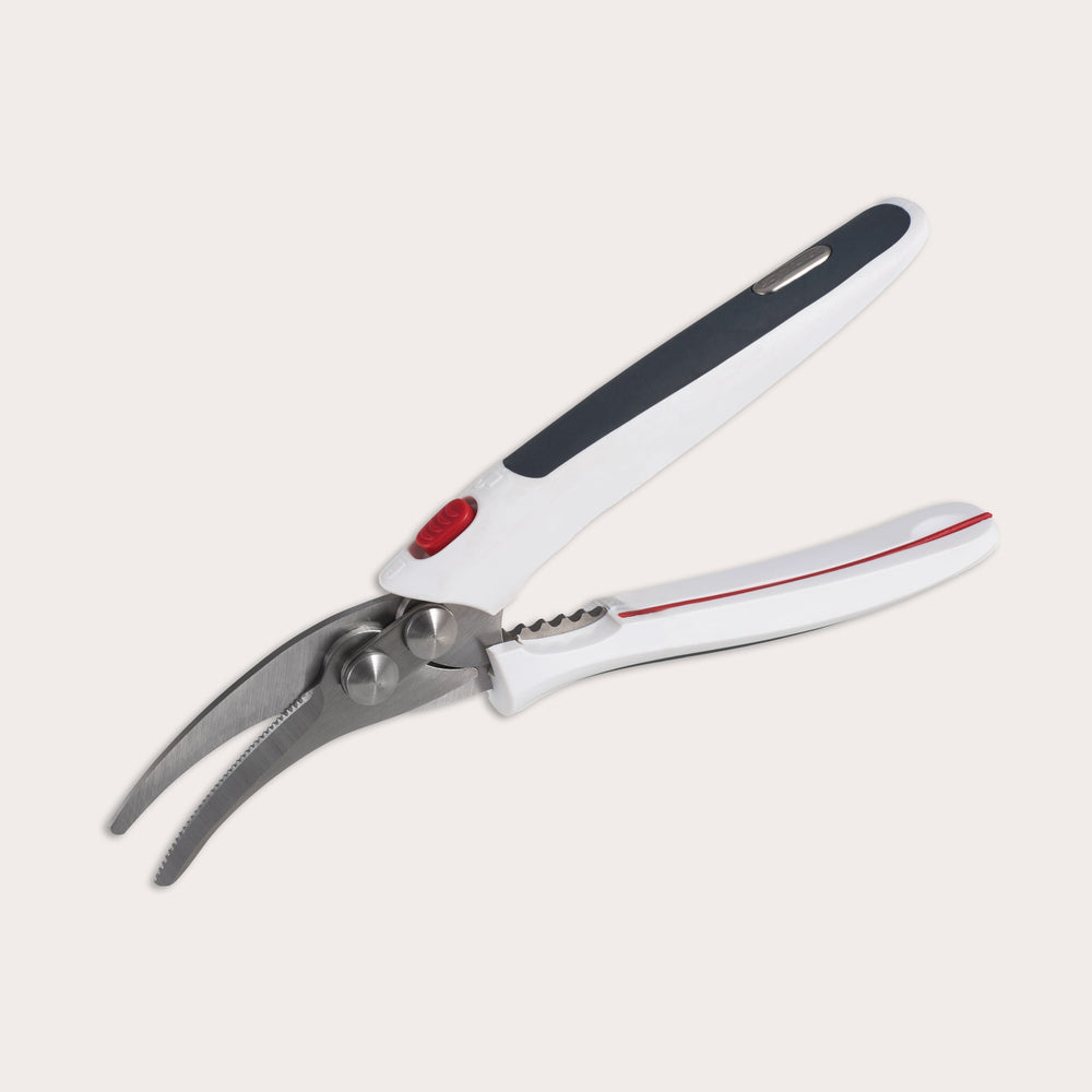 A pair of Zyliss Shellfish Shears with curved, serrated stainless steel blades, non-slip grip, and a red safety lock on the handle is displayed against a plain light background. 