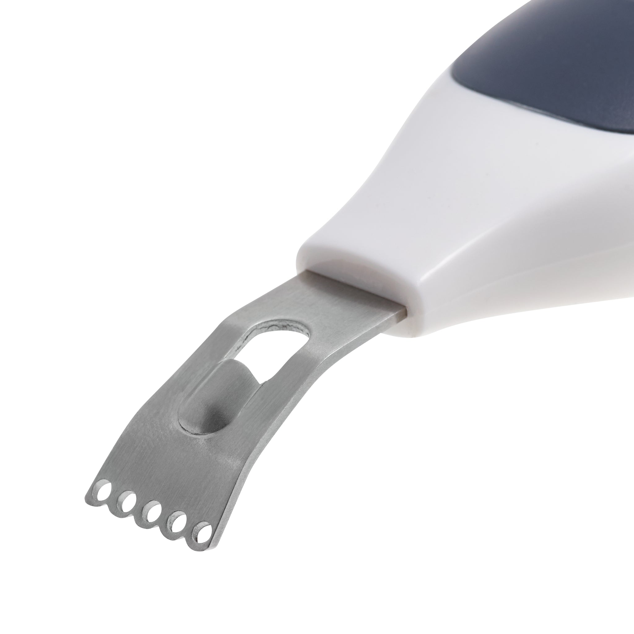 Close-up of a metal citrus zester with a white and blue handle, featuring small holes at the end for zesting and a larger slot for creating strips of peel.