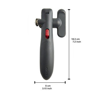 Manual can opener with dimensions labeled on a white background