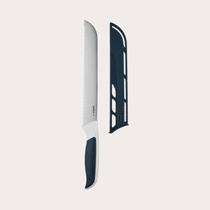 The Zyliss Comfort Bread Knife 20.5cm/8 with a stainless steel serrated blade and ergonomic handle is shown beside its black sheath, all set against a plain white background. 