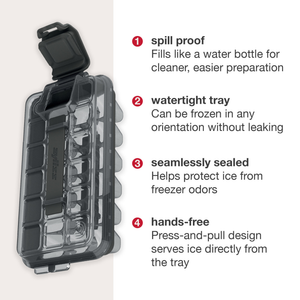 The Zyliss Press & Pull Ice Cube Tray features a transparent, leakproof design with a hinged lid, offering spill-proof, watertight storage and hands-free ice servinghighlighting convenience and seamless sealing.