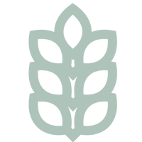 A simple, stylized graphic of a wheat head with five teal leaves on each side, arranged symmetrically against a transparent background.